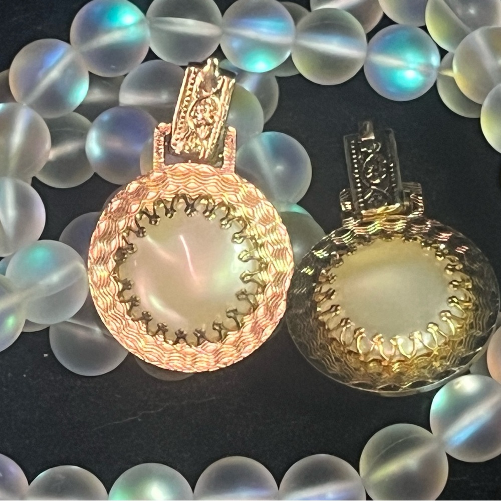 Vintage Gold-Tone Round Twist back Earrings with Removable Iridescent Cabochon